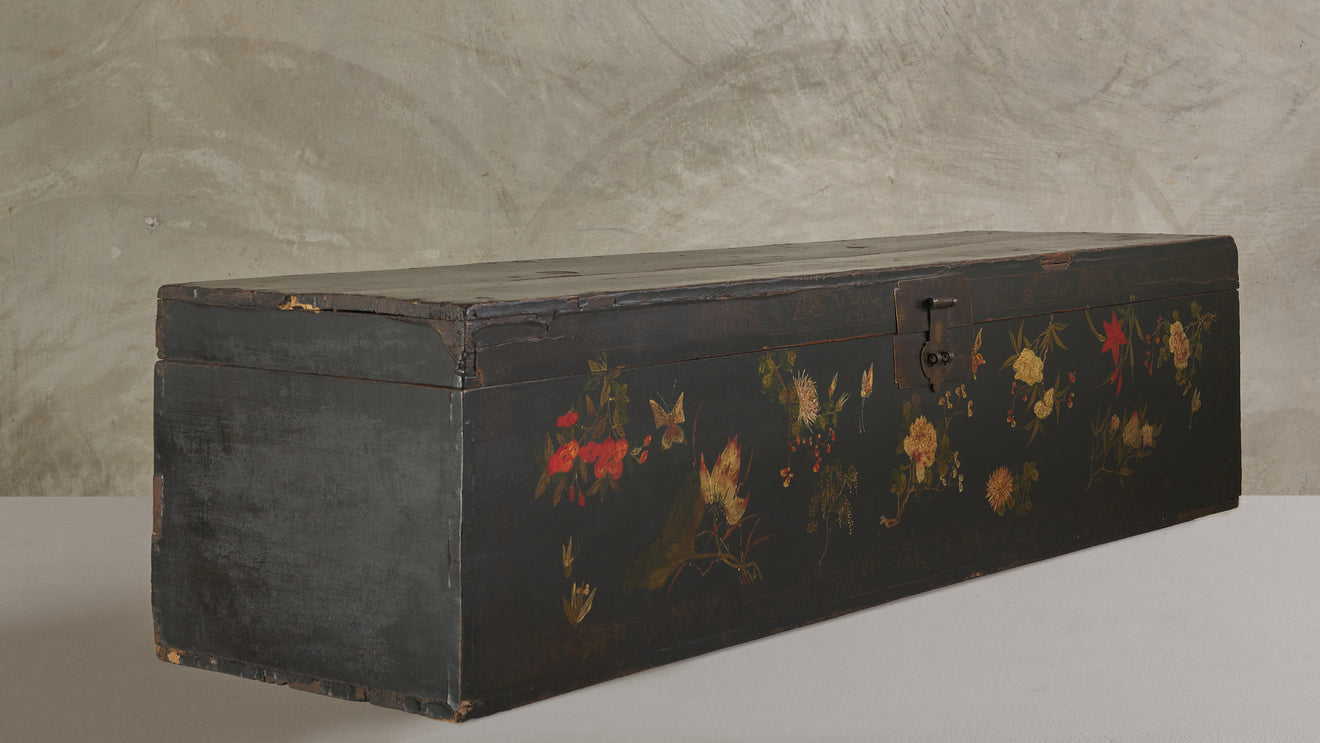 CHINESE LEATHER TRUNK WITH HAND PAINTED FLOWERS
